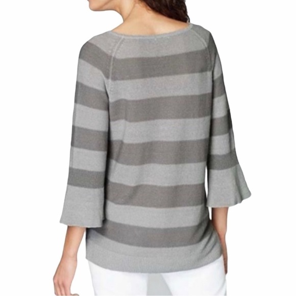 NWT J Jill Zinc & Smoke Linen Blend Gray Striped 3/4 Bell Sleeve Sweater Large - Picture 2 of 14